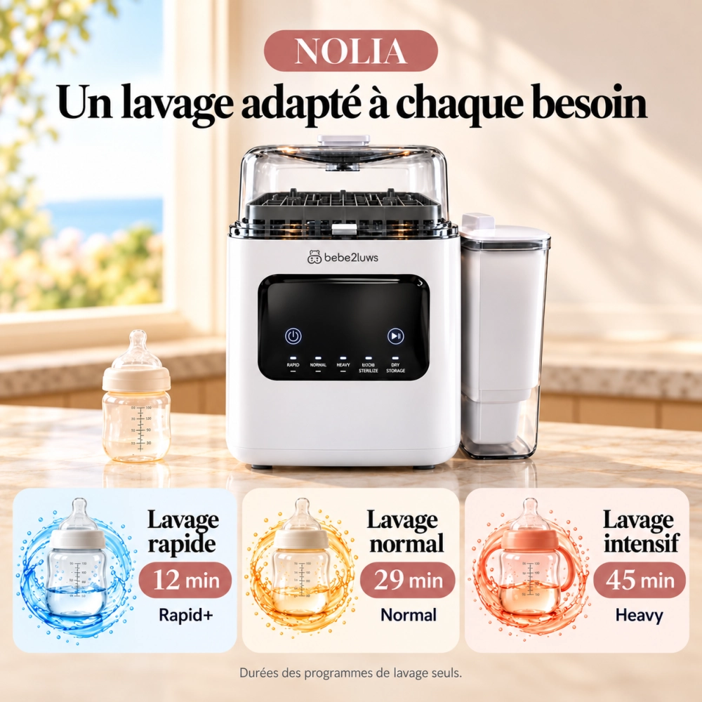 Lave-biberon NOLIA chargé de biberons et de pièces de tire-lait